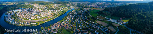 Aerial view of the city Neuhausen in Switzerland on a sunny morning day in summer 