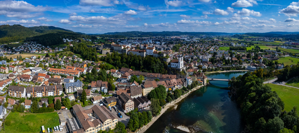 Aerial view of old town of the city Aarburg in Switzerland on a sunny day in summer.