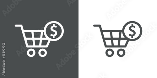 Logotipo con silueta de carrito de la compra con símbolo del dólar en círculo con lineas en fondo gris y fondo banco