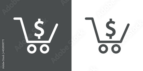 Logotipo con silueta de carrito de la compra con símbolo del dólar con lineas en fondo gris y fondo banco
