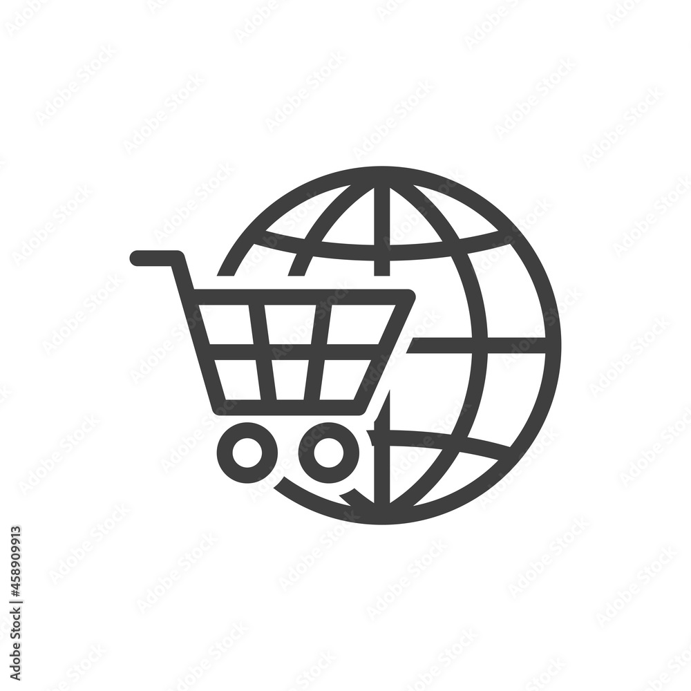 Logotipo con silueta de carrito de la compra con globo terráqueo con lineas en color gris Logotipo con silueta de carrito de la compra con globo terráqueo con lineas en color gris
