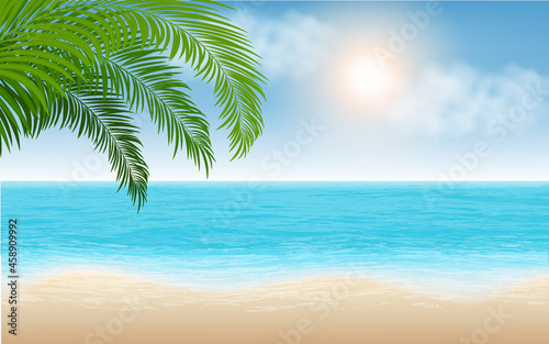 summer background. Relistic Beach, tropical sea and palm trees