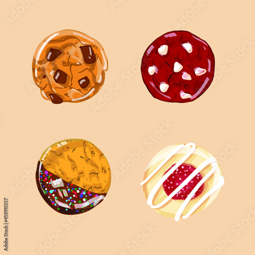 Vector illustration set of four types of cookies on the pink background. Sweet cookies: red velvet, chocolate chips cookie, jam filled cookie, white chocolate chips, sprinkled cookie.