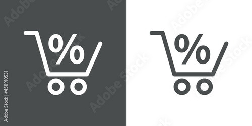 Logotipo con silueta de carrito de la compra con símbolo porcentaje con lineas en fondo gris y fondo banco