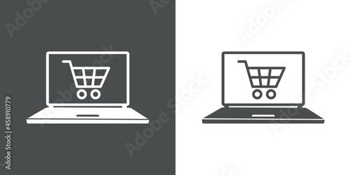 Símbolo de tienda en línea. Logotipo con silueta de carrito de la compra en pantalla de ordenador en fondo gris y fondo blanco