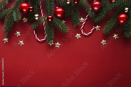 Beautiful Christmas red background  top view photography