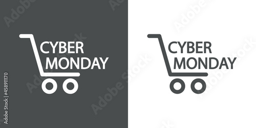 Logotipo con texto Cyber Monday con silueta de carrito de la compra con lineas en fondo gris y fondo banco