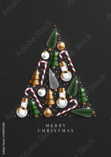 Merry Christmas banner with realistic christmas ornament. Xmas snowman, tree and xmas ball. Vector illustration.