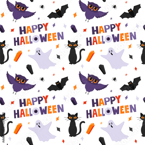 Halloween seamless pattern with ghosts  owls  a cat and Happy Halloween words. Flat cartoon elements on a white background. Color backdrop for packaging. Purple  orange colors. Vector illustration.