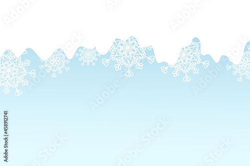 Fototapeta Naklejka Na Ścianę i Meble -  Christmas card with white snowflakes on blue background. Isolated snowflakes icon. Empty paper shape. Winter flat illustration. Copy space. Holiday pattern, banner, frame, greeting card design.