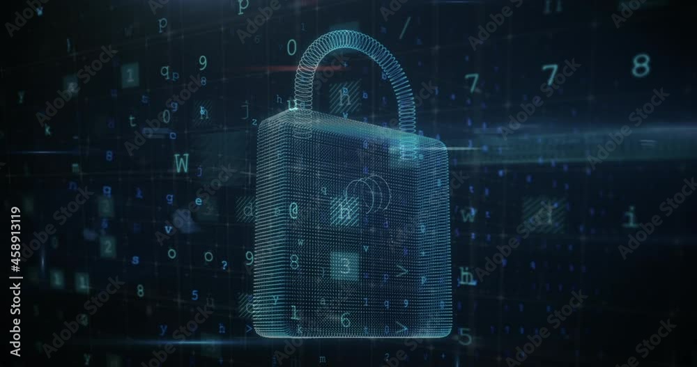Animation of changing numbers and letters over online security padlock