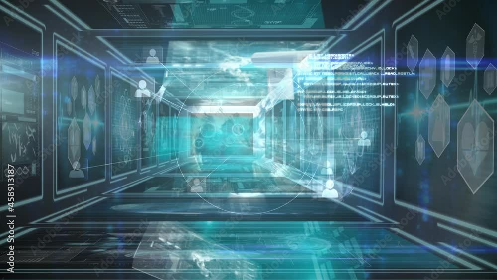 Animation of moving film reel with scientific data over tunnel made of screens Animation of moving film reel with scientific data over tunnel made of screens