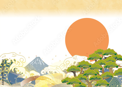 松　富士山　波の和柄背景