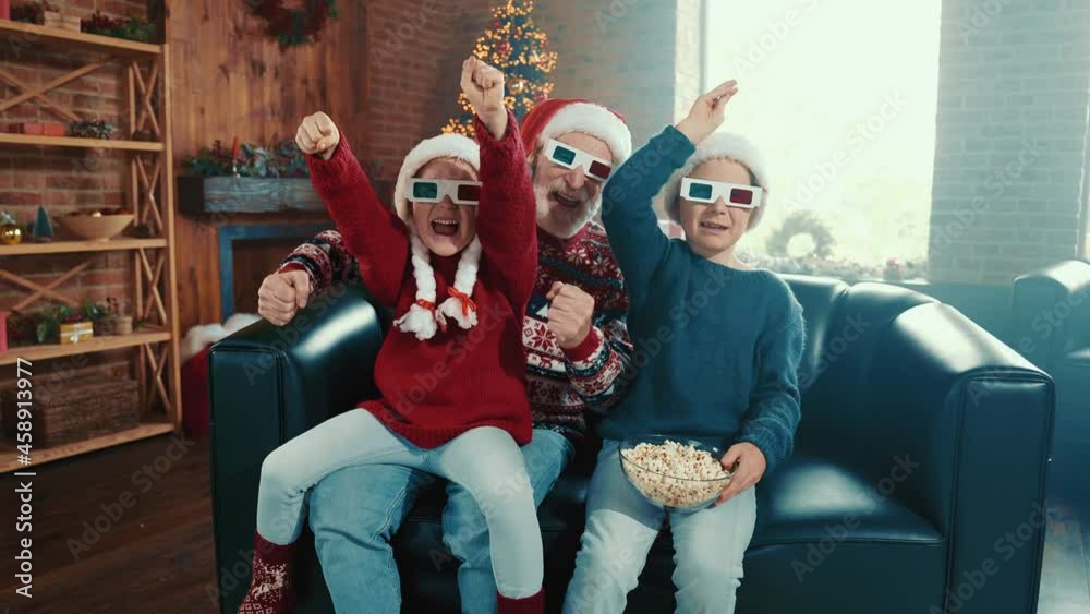 Funny x-mas family spend exciting traditional leisure watch 3d movie indoors