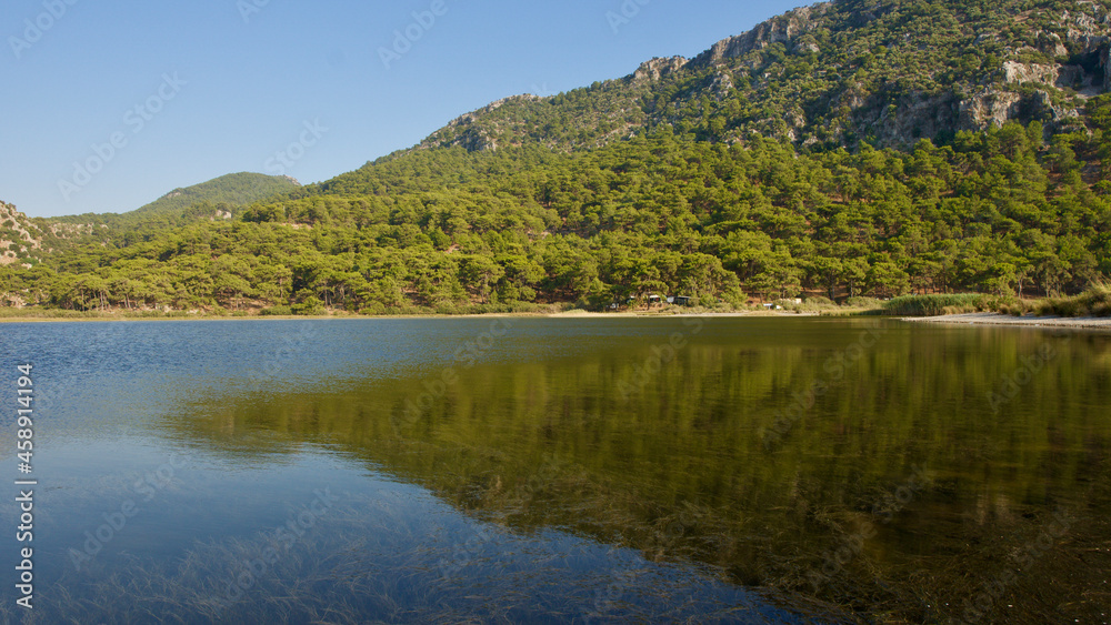 Spawning place of loggerhead turtles; Iztuzu beach. It is known for its blue crab and golden sands. Next to the Dalyan delta.