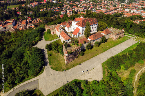 Aerial view of the Citadel of the Guard, small fortress overlooking the old town area of the city of Brasov, Romania