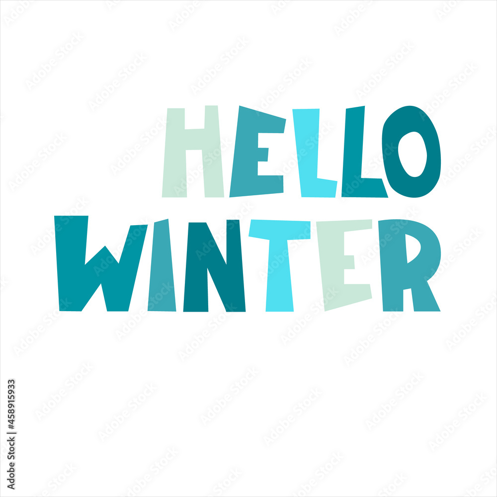 Hello Winter logo, seasonal banner. Hand-lettered text isolated on white background