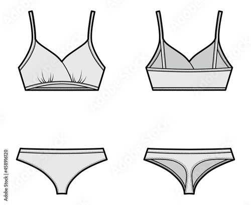 Set of lingerie - training bra and cheeky thongs panties technical fashion illustration. Flat swimwear brassiere knickers template front back grey color style. Women men unisex underwear CAD mockup