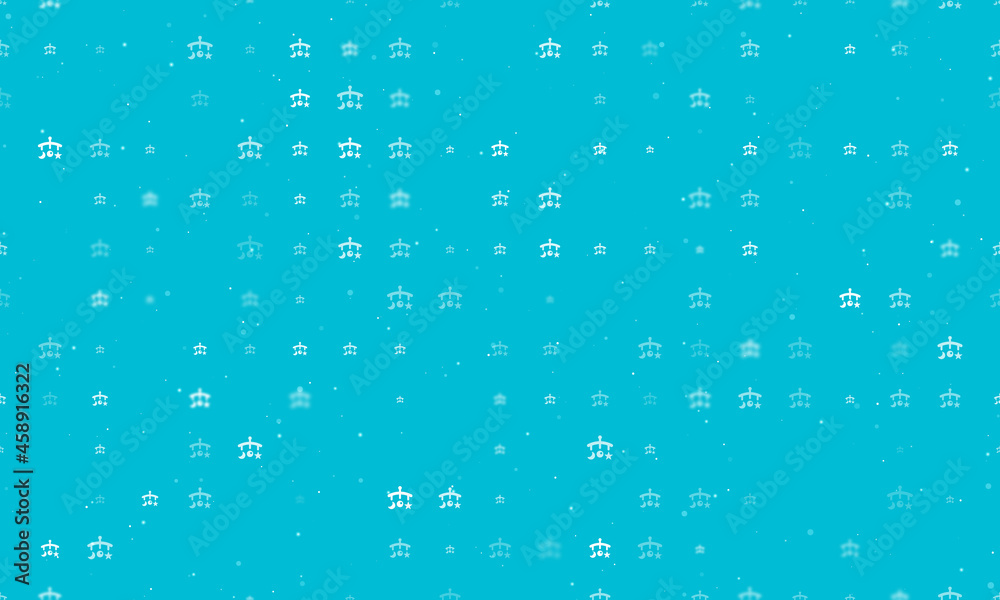 Seamless background pattern of evenly spaced white baby mobiles of different sizes and opacity. Vector illustration on cyan background with stars