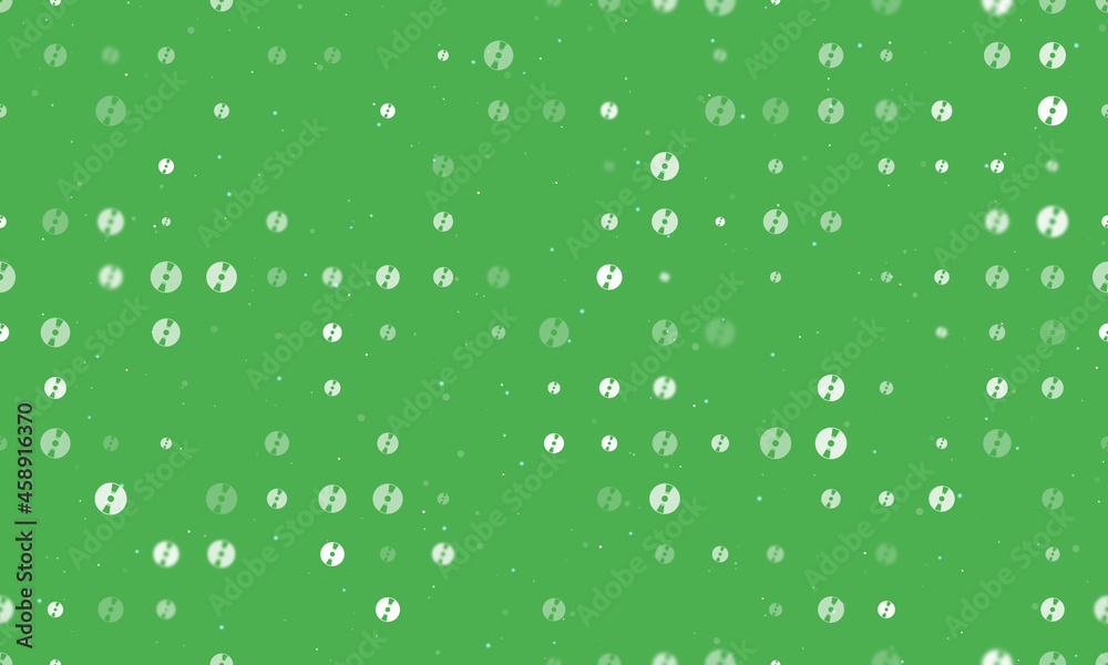 Seamless background pattern of evenly spaced white cd symbols of different sizes and opacity. Vector illustration on green background with stars