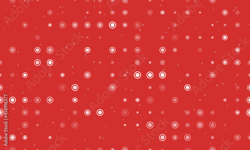 Seamless background pattern of evenly spaced white radio button symbols of different sizes and opacity. Vector illustration on red background with stars