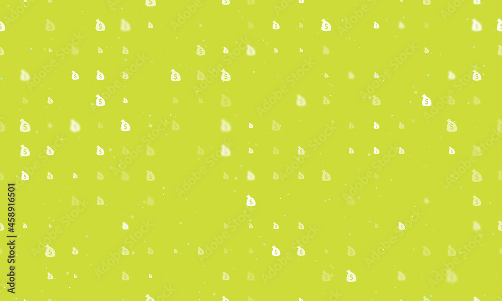 Seamless background pattern of evenly spaced white bag of money symbols of different sizes and opacity. Vector illustration on lime background with stars