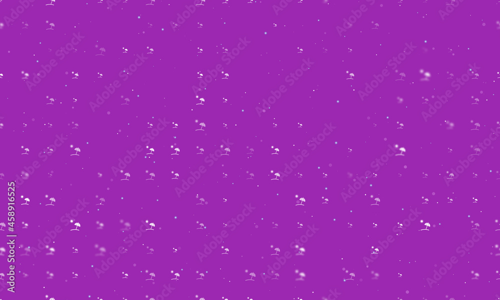 Seamless background pattern of evenly spaced white beach symbols of different sizes and opacity. Vector illustration on purple background with stars