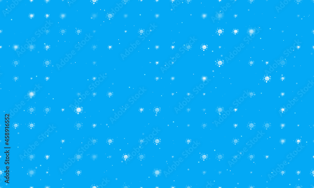 Seamless background pattern of evenly spaced white cosmic symbols of different sizes and opacity. Vector illustration on light blue background with stars Seamless background pattern of evenly spaced white cosmic symbols of different sizes and opacity. Vector illustration on light blue background with stars