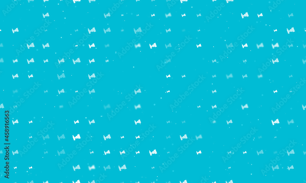 Seamless background pattern of evenly spaced white camera symbols of different sizes and opacity. Vector illustration on cyan background with stars