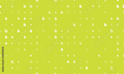 Seamless background pattern of evenly spaced white bag of money symbols of different sizes and opacity. Vector illustration on lime background with stars