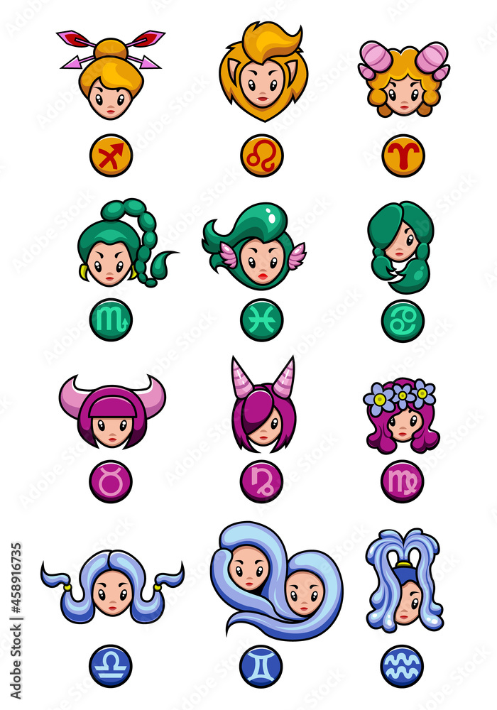 Fototapeta premium a set of stickers with zodiac signs. funny faces of fantasy characters. girls are signs of the zodiac. cartoon horoscope. vector illustration