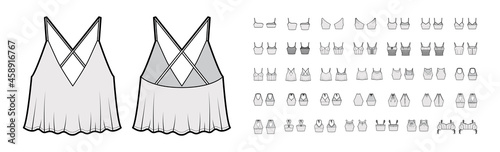 Set of crop tops, shirts, tanks, blouses technical fashion illustration with fitted oversized body, one-two shoulder. Flat apparel template front, back, white grey color. Women, men unisex CAD mockup