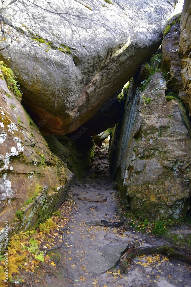 The Kamenny Gorod tract. Millions of years ago, the ancient river flowed into the Perm Sea. Sedimentary rocks at the mouth formed these rocks. The Kamenny Gorod tract. Millions of years ago, the ancient river flowed into the Perm Sea. Sedimentary rocks at the mouth formed these rocks.