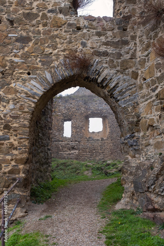 View of a detail of the Ardeck castle ruins near Holzheim / Germany in autumn with fog