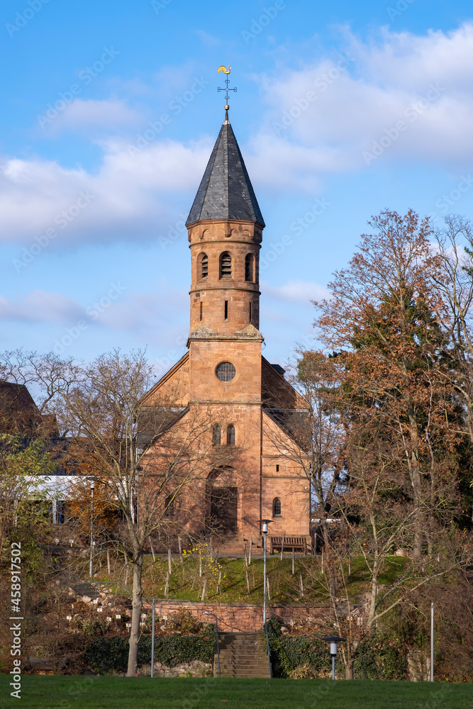 View towards the Evangelical Church of Lorsch / Germany in the Odenwald in autumn 