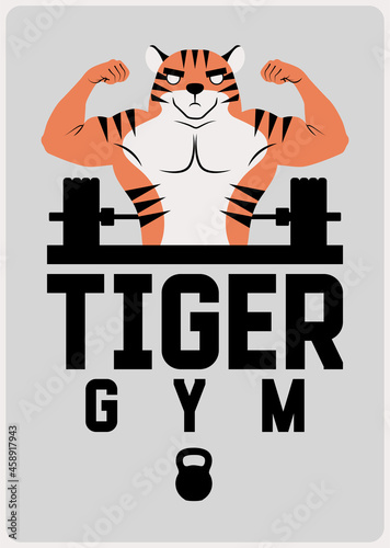 Gym sport club or fitness center typographic vintage poster, emblem, logo design with athletic muscular animal mascot. Tiger bodybuilder. Vector illustration.