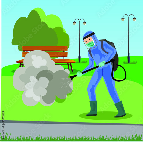 Vector illustration of a coronary injection (Covid-19) personnel sterilizing spray inside the park
