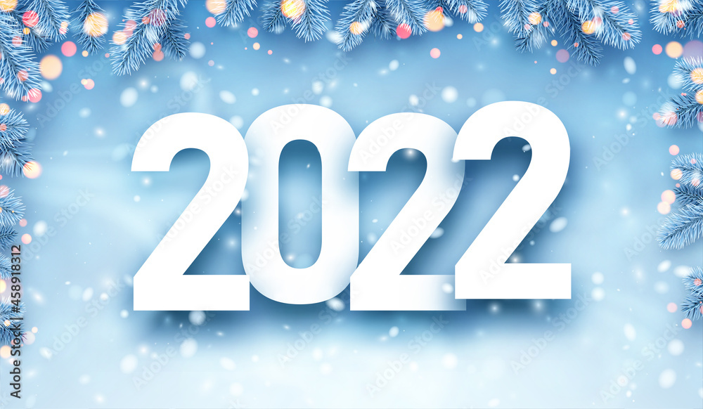 2022 Christmas blue spruce branches with bokeh lights.. 2022 Christmas blue spruce branches with bokeh lights..