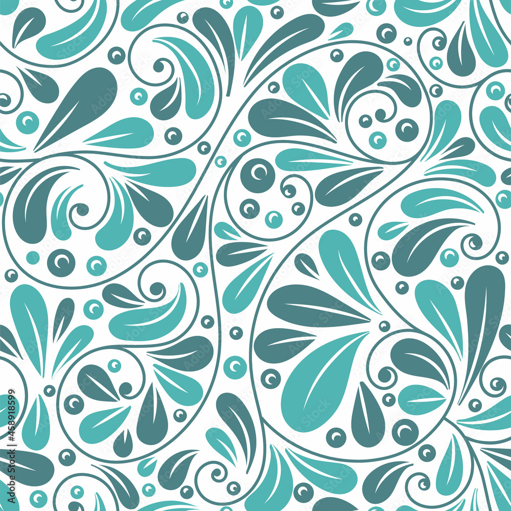 Turquoise and white leaves seamless pattern. Abstract vector ornament template. Paisley elements. Great for fabric, invitation, background, wallpaper, decoration, packaging or any desired idea.