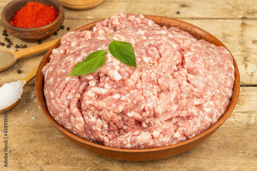 Raw minced meat. Ground pork with spices Raw minced meat. Ground pork with spices