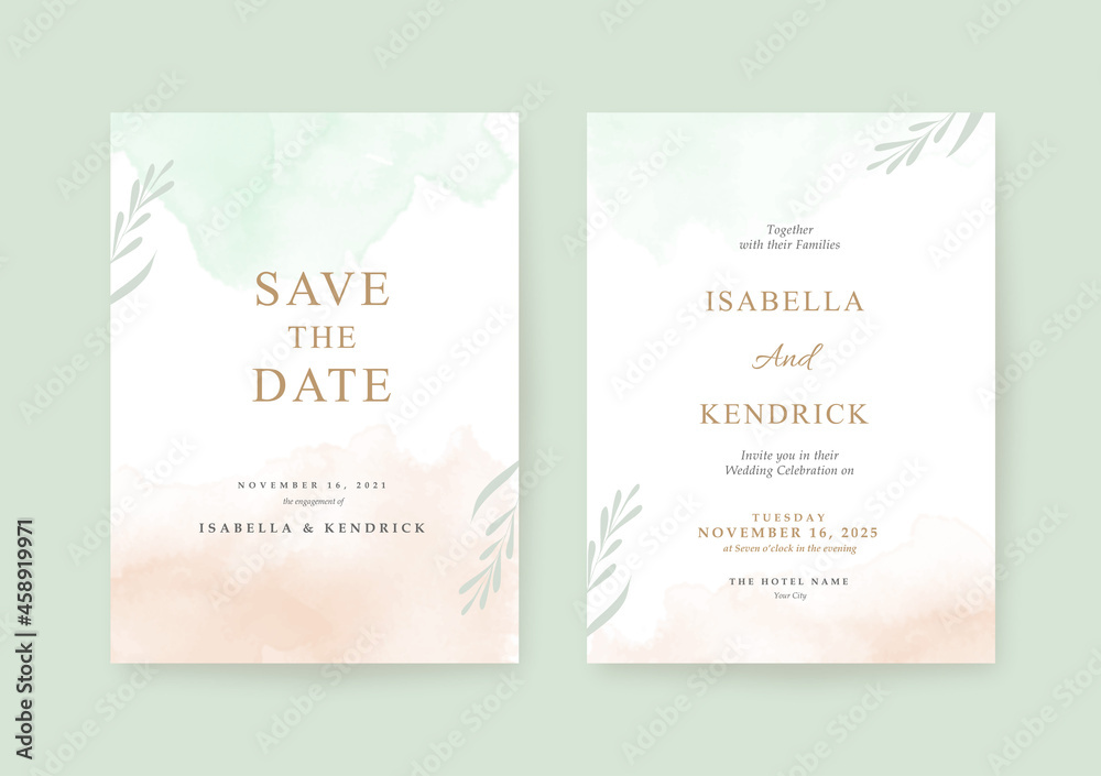 Beautiful simple and clean wedding invitation set with watercolor