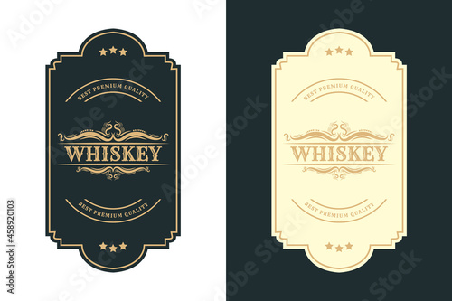 Whiskey Bourbon Vintage luxury antique logo border frame western engraving labels for beer wine whiskey alcohol product box packaging label vector printable design template