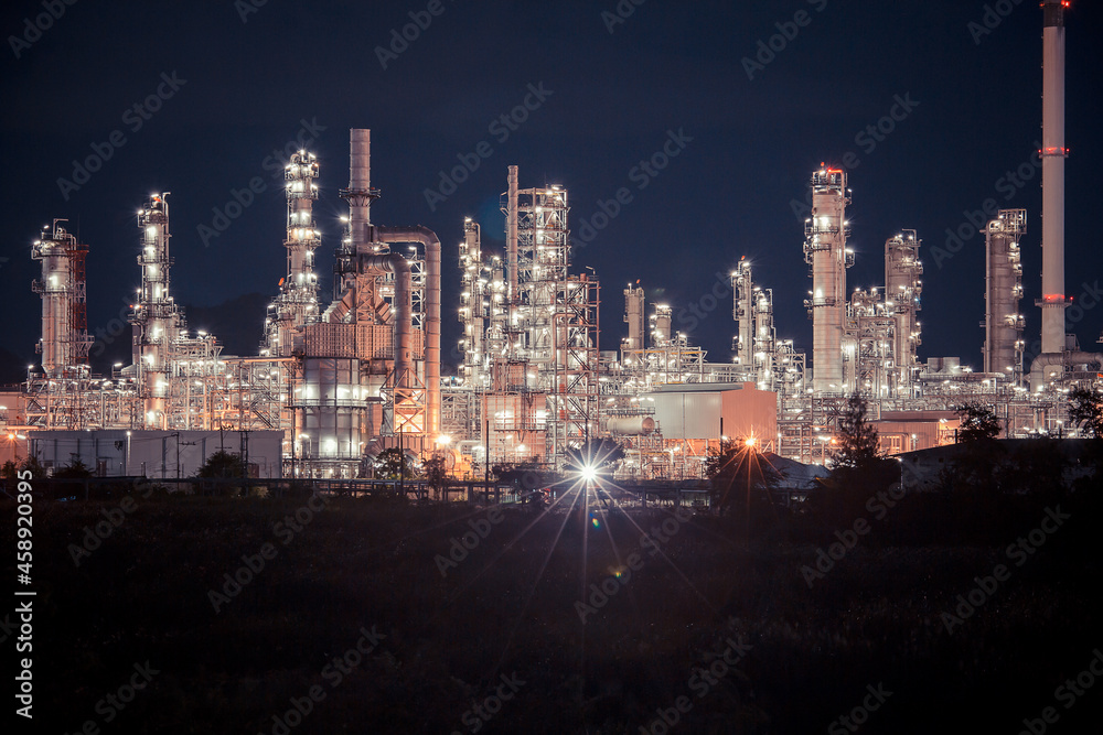 Night scene of oil refinery plant and power plant of Petrochemistry industry