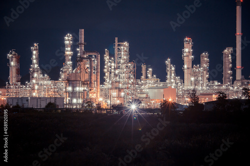 Night scene of oil refinery plant and power plant of Petrochemistry industry