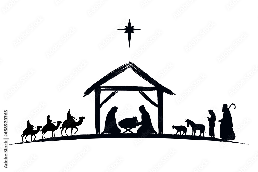 Nativity scene silhouette Jesus in manger, shepherd and wise men ...