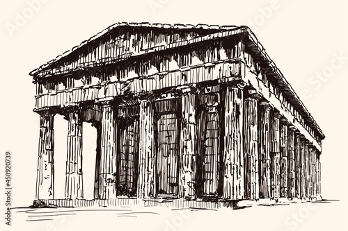 Pre-Greek ruined stone temple with columns. Quick hand sketch on a beige background.