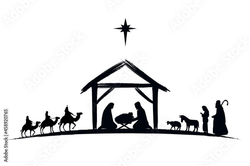Fotografering Nativity scene silhouette Jesus in manger, shepherd and wise men