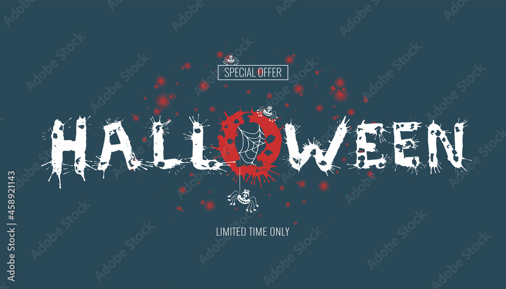 Fototapeta premium Happy Halloween lettering with splash. Greeting card calligraphy with spiders and web for holiday banner, poster or invitation greeting card, sale placard or flyer. Vector illustration