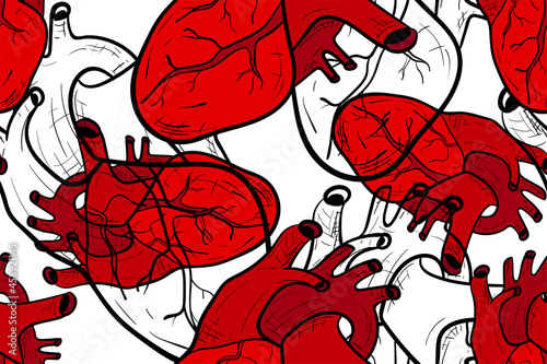 Hand drawn human heart isolated on white background. Vintage seamless pattern design. Pencil drawing organ. Vector illustration.
