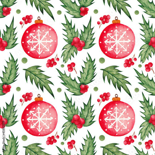 Fototapeta Naklejka Na Ścianę i Meble -  Colorful watercolor pattern with festive and Christmas elements, holly leaves and berries and Christmas tree toy ball with a snowflake. Seamless pattern for new year, christmas, winter holidays.
